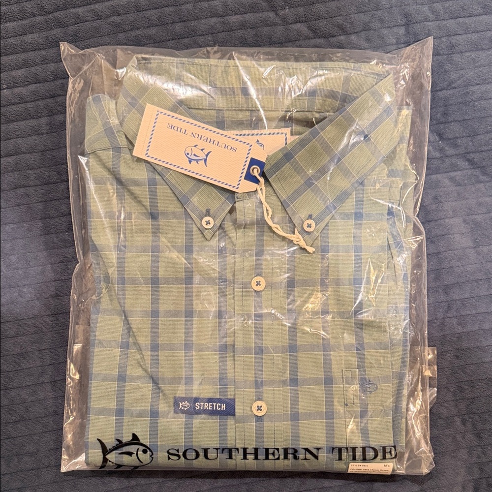 Southern Tide Blue and Green Checkered Men's Shirt